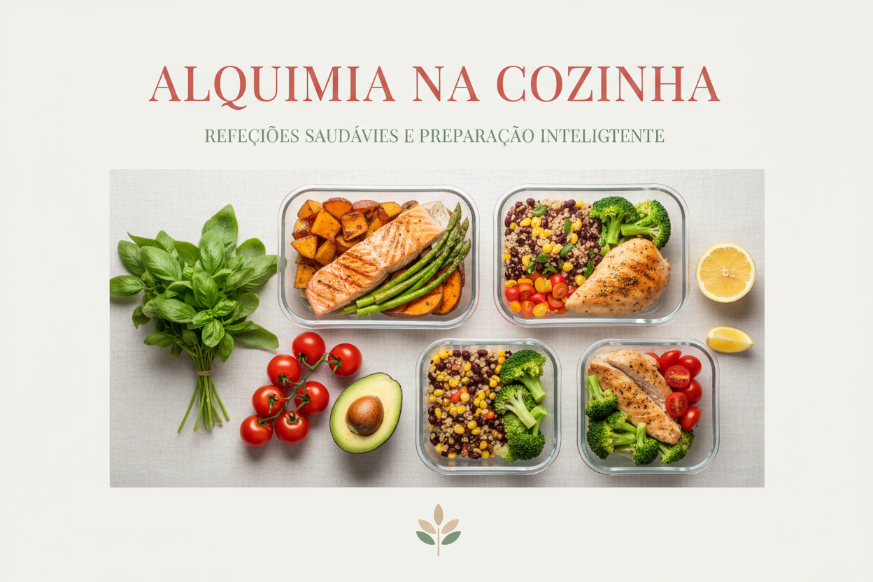 Capa de ebook elegante e moderna sobre alimentação saudável e meal prep. Estilo minimalista, feminino e clean. Tons suaves em bege, salmão e verde sálvia. Fundo claro com textura leve. Na parte central, um conjunto organizado de marmitas com refeições coloridas e equilibradas (legumes, proteínas e grãos), fotografadas de cima (flat lay). Ao lado, ingredientes frescos como tomate, ervas e limão, bem compostos. Layout harmonioso, iluminação suave e natural. Título grande e sofisticado no topo: “Alquimia na Co